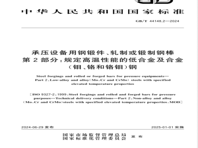GB/T 44148.2-2024承压设备用钢锻件、轧制或锻制钢棒 第2部分：规定高温性能的低合金及合金（钼、铬和铬钼）钢 