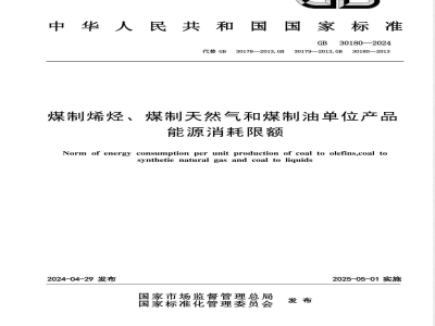 GB 30180-2024煤制烯烃、煤制天然气和煤制油单位产品能源消耗限额 